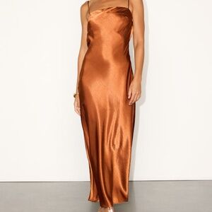 Lulus Hartley Copper Satin Tie-back Maxi Dress Brown - Size M